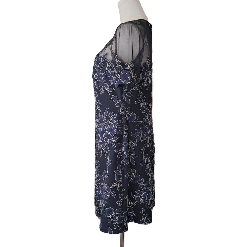 TADASHI SHOJI Cardea Embroidered Floral Tulle Cocktail Dress Size 6 Navy Gold - Picture 6 of 14